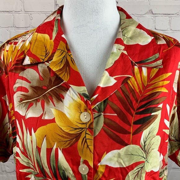 VINTAGE BASIC EDITIONS Hawaiian Shirt Red Button Down with Short Sleeves - Picture 3 of 13